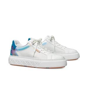 Tory Burch Ladybug Lace Up Low Top Sneakers White Blue Leather Size 5.5 NIB